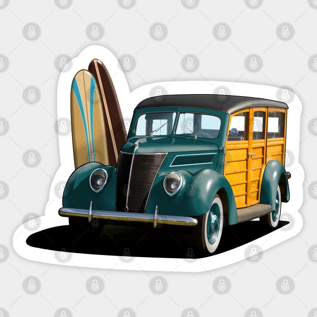 1937 Ford Woody Station Wagon in teal Sticker by candcretro